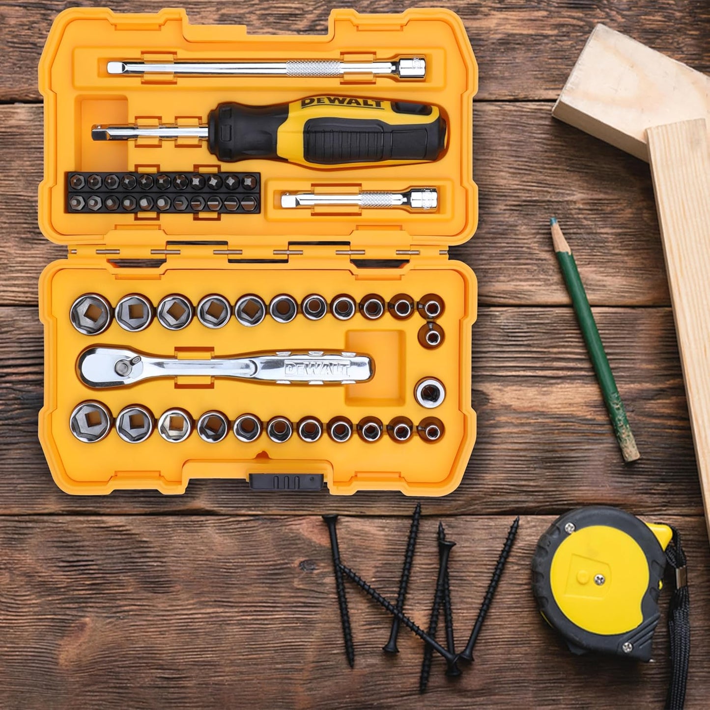 DEWALT DWMT81610-0 1/4" 50-Piece Drive Mechanics Tool Set with Anti-Corrosion Properties & Knurled Grip Control for Home, DIY & Professional Use, YELLOW & BLACK