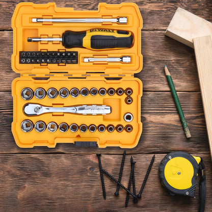 DEWALT DWMT81610-0 1/4" 50-Piece Drive Mechanics Tool Set with Anti-Corrosion Properties & Knurled Grip Control for Home, DIY & Professional Use, YELLOW & BLACK