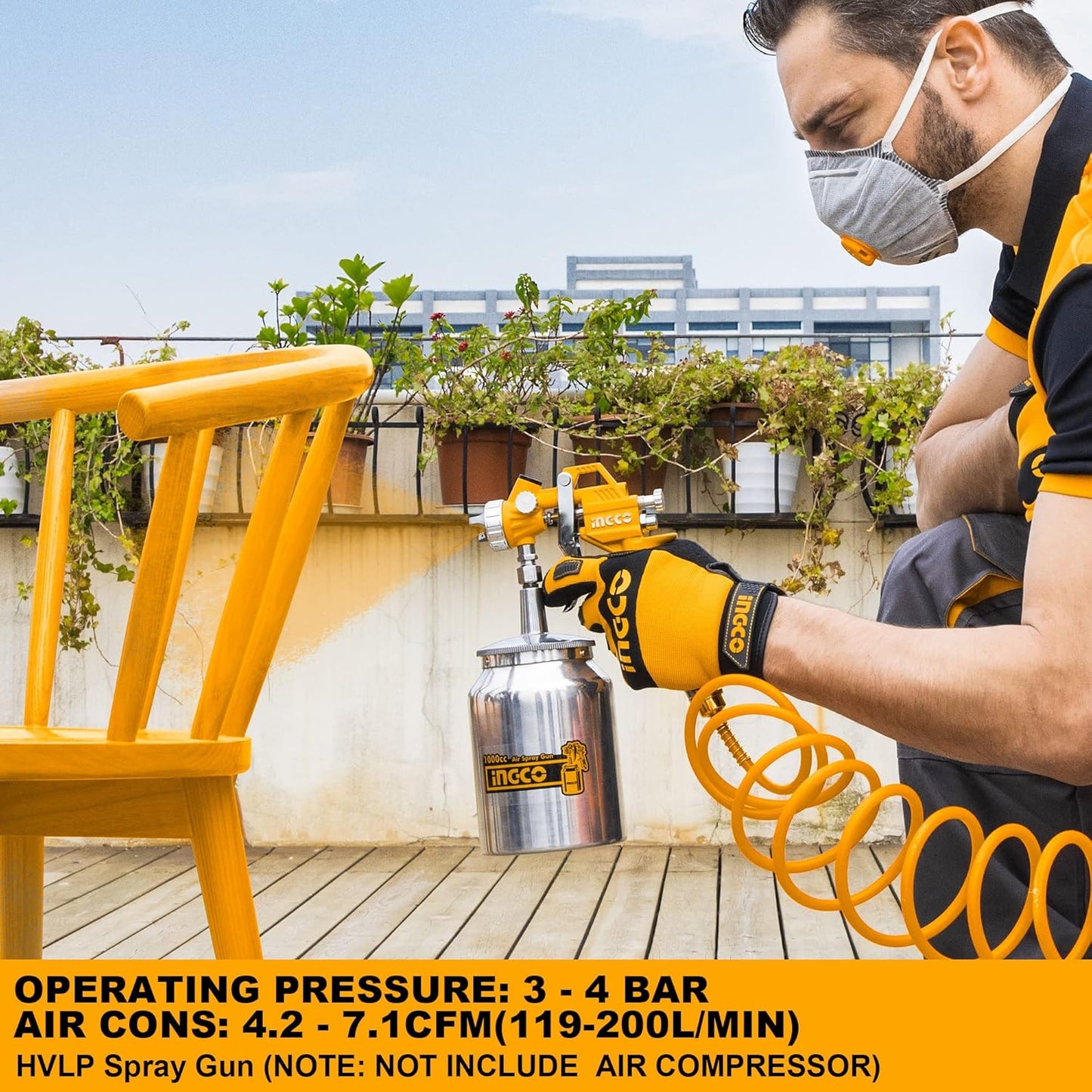 INGCO Air Spray Gun, 1000ml Capacity, 3-4 Bar Operating Pressure, 1.5mm Nozzles Stainless Steel, 200 l/min,Pneumatic Tool Suitable for Base Coat Spray Gun for Auto Paint