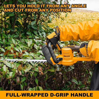 INGCO 20V Cordless Hedge Trimmer - 460mm Laser-Cut Blade, 2800 SPM, Cuts 18mm Branches, Includes 2.0Ah Battery, Charger, Safety Goggles & Gloves - Lightweight Electric Shrub Trimmer