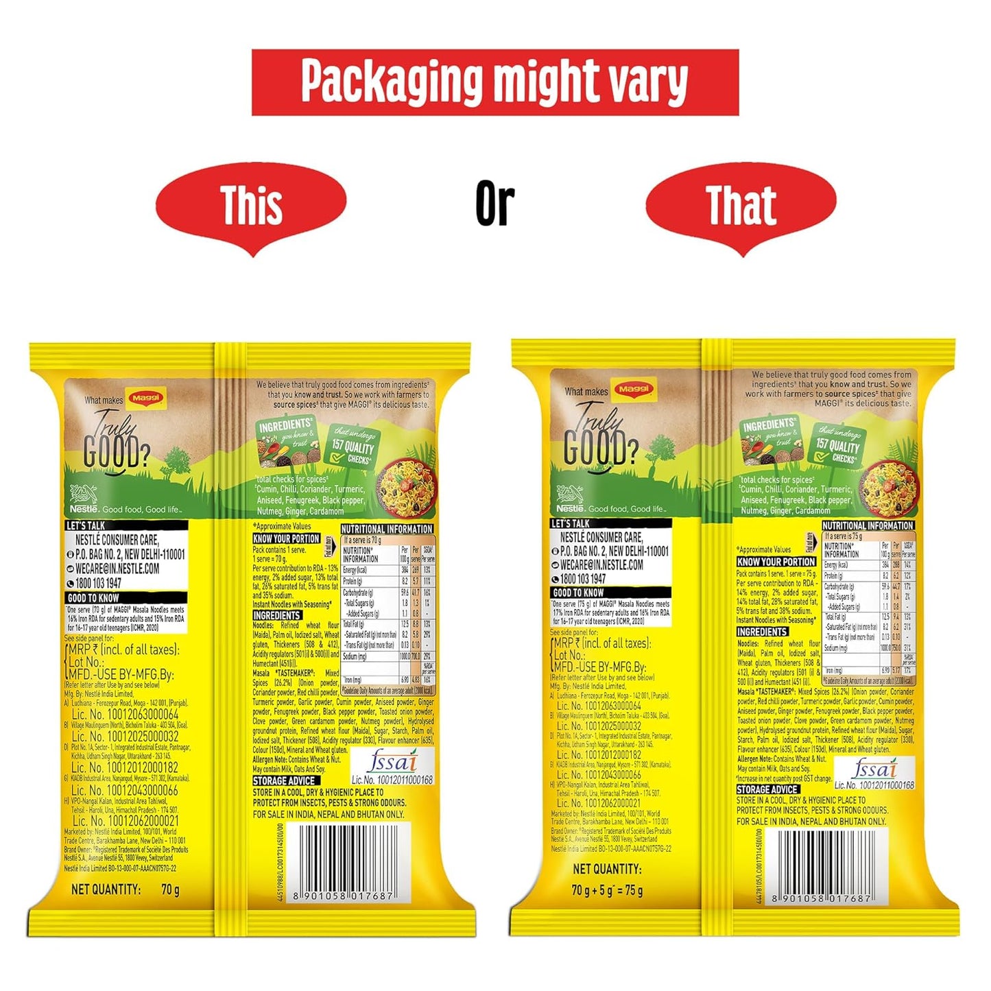 MAGGI 2-Minute Instant Noodles, Favourite Masala Taste, Masala Noodles With Goodness Of Iron, Made With Choicest Quality Spices, 70g/72g/75g Pouch (weight may vary)