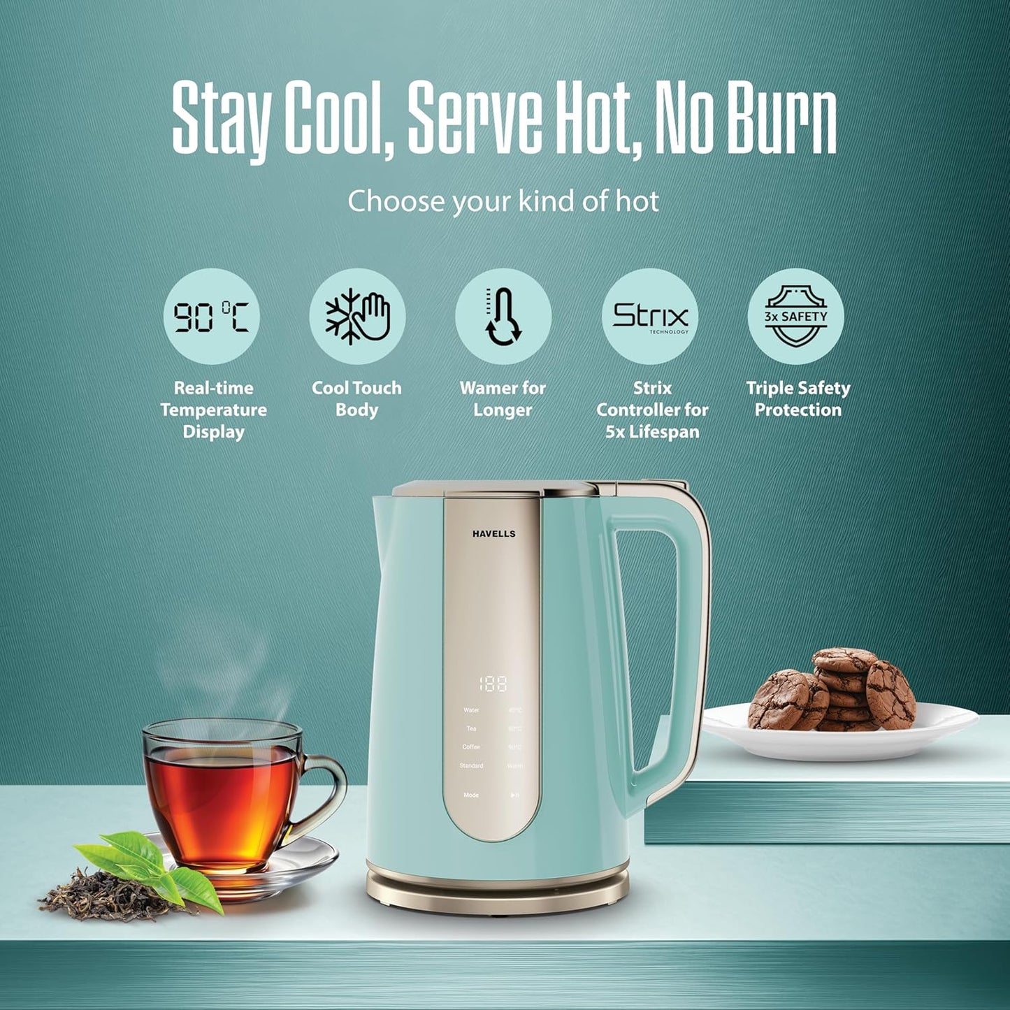 Havells CRAFT Kettle | OptiHeat Tech for Custom Temperature Setting | Real Time Temperature Display |12 Hour Keep Warm Function | Strix Controller for 5x Lifespan | 3x Safety Protection (Blue & Gold)