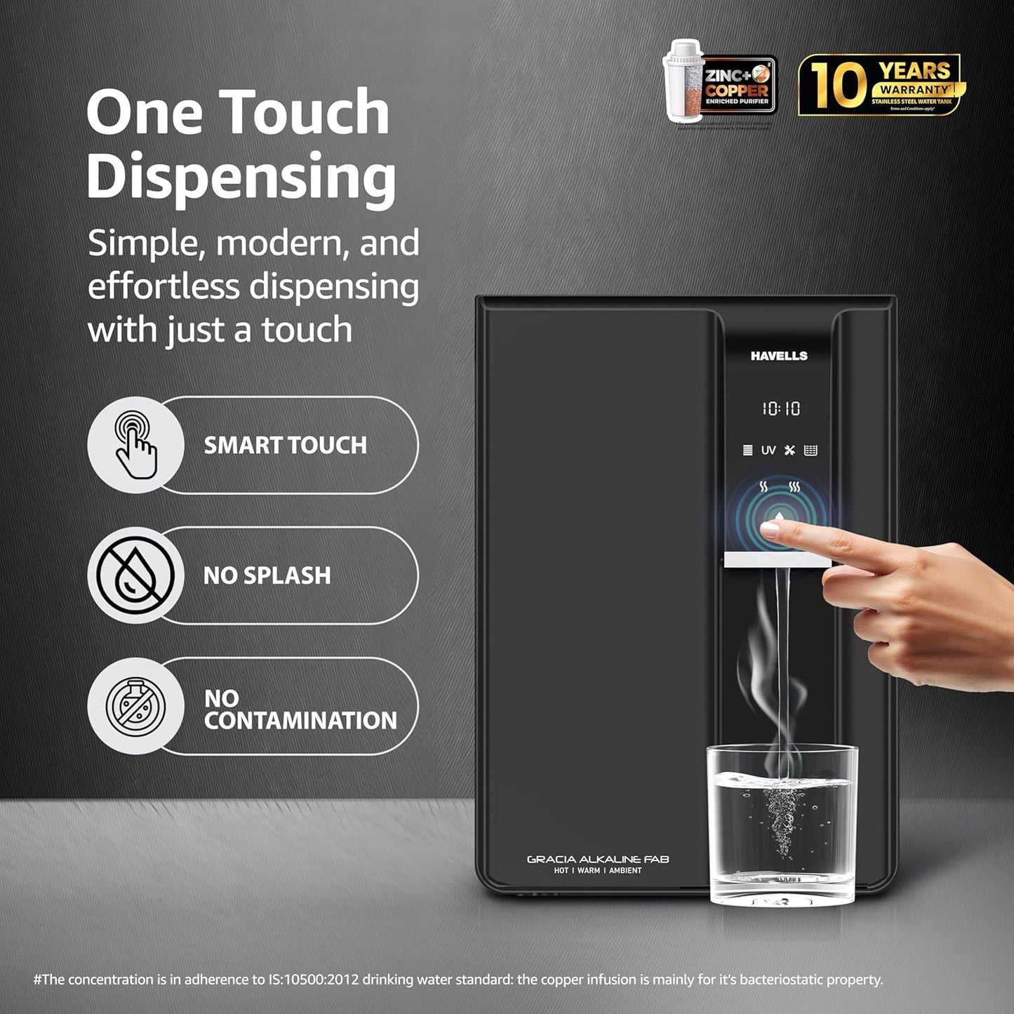 Havells Gracia FAB Alkaline Water Purifier (Black), RO+UV+Alkaline, Hot, Warm & Ambient Water, Copper+Zinc+Minerals, 9 Stage Purification, 6.5L SS Tank, Suitable for Borewell, Tanker & Municipal Water
