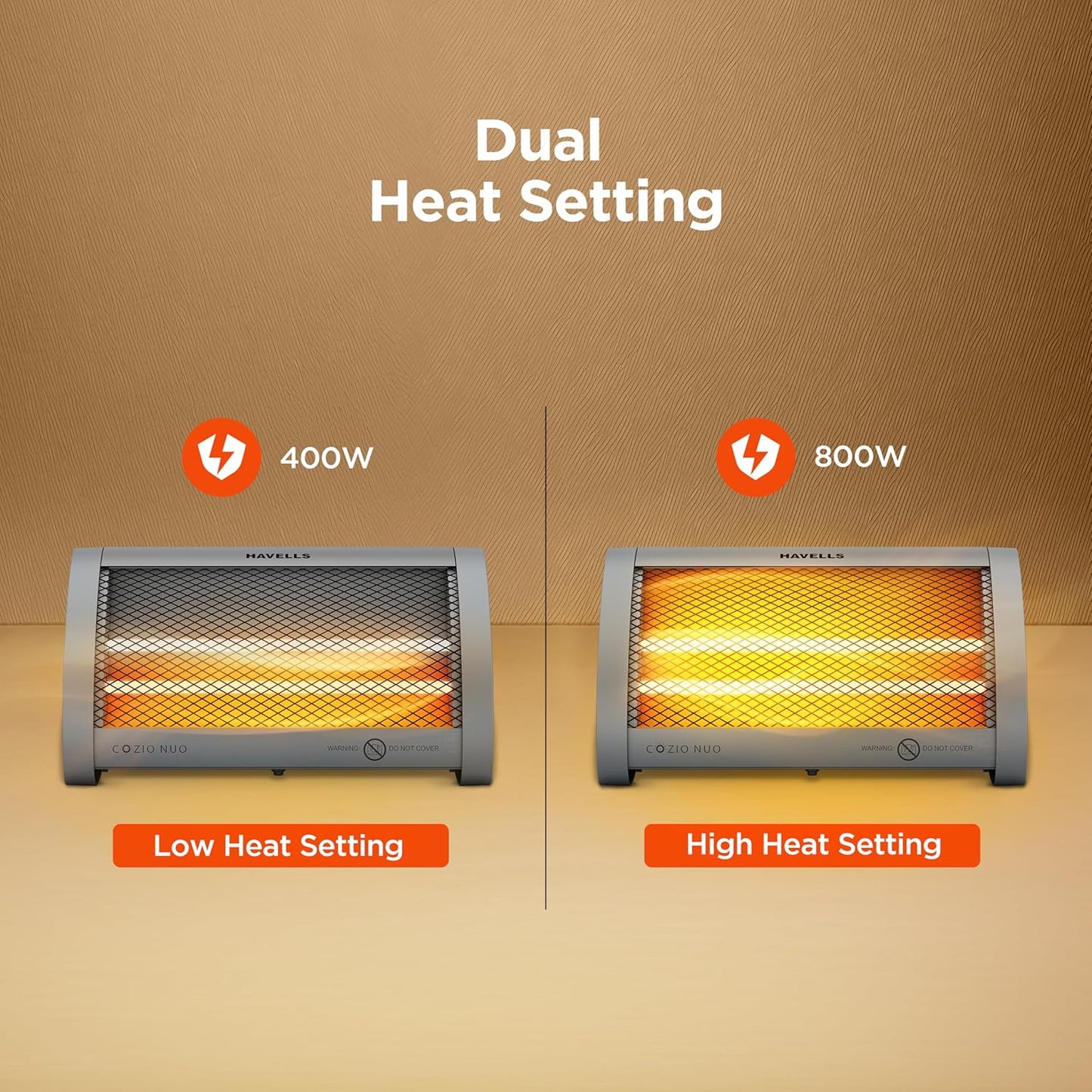 Havells Cozio Nuo Room Heater| Dual Heat Setting 400/800 Watt| Dual Quartz Heating Rods| Silent Operation| Tip Over Protection| Fire Retardant Material| Anti Rust Reflector| 2 Year Warranty(Grey)