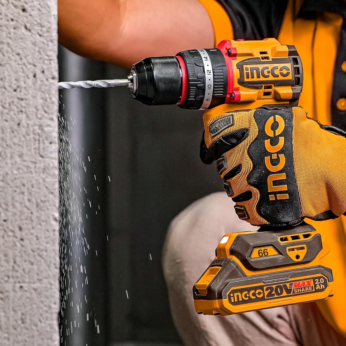 Ingco 20V Brushless Cordless Impact Drill & Driver Combo Kit - 66Nm Drill & 285Nm Driver -with 2 Batteries, 47-Piece Accessories, Screwdriver Bits, Nut Setters & Carrying Case, Yellow