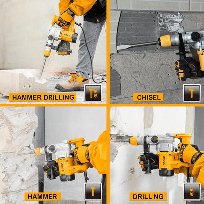 INGCO Rotary Hammer SDS-Plus Chuck Heavy Duty Rotary 5J with Vibration Control Hammer Drill, 1050W | 3800bpm, 3 drills and 2 chisels with Case, Yellow, Black