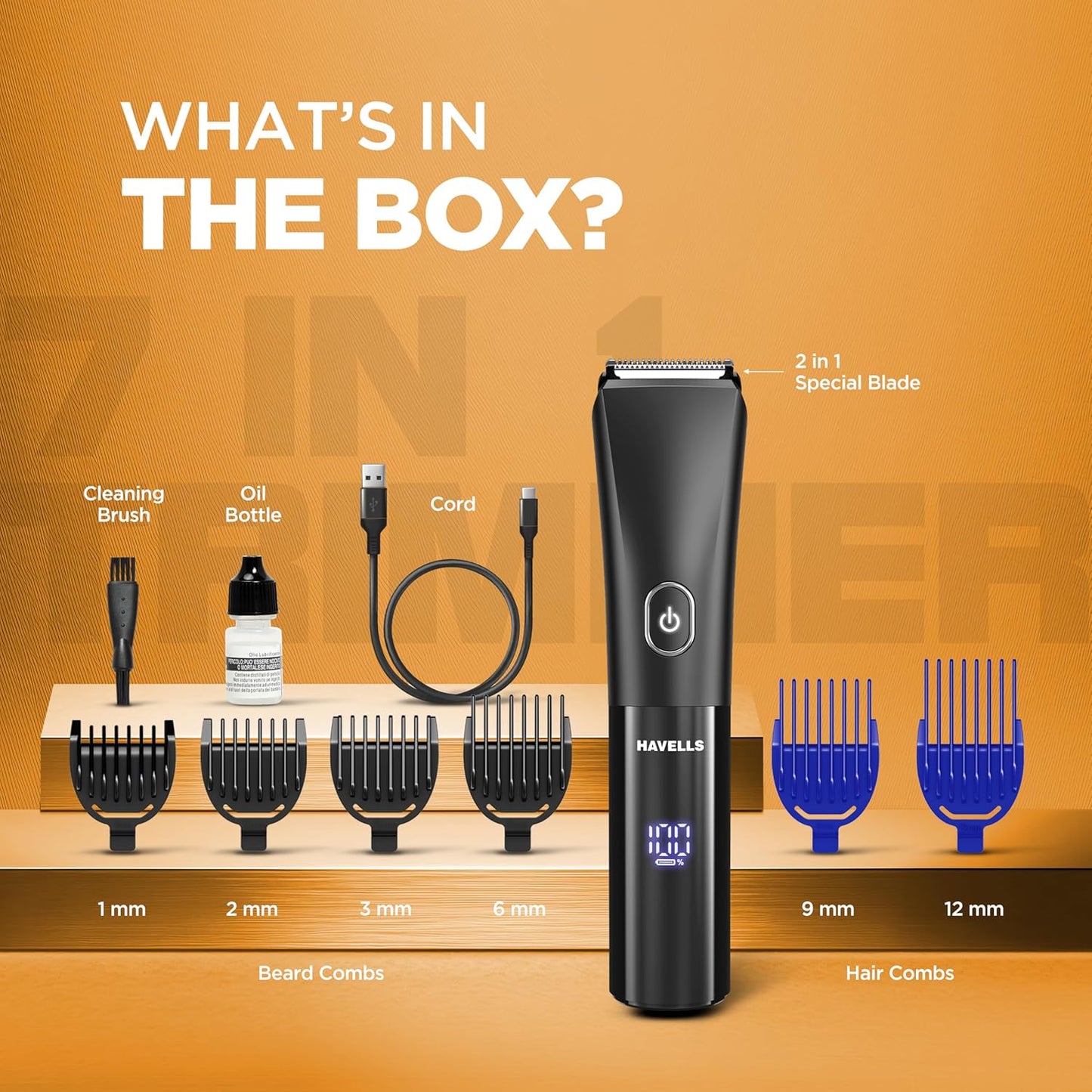 Havells Beard & Hair 7 in 1 Trimmer |2-in-1 Special Blade| Comes with 4 Beard & 2 Hair Combs| Real Time Digital Display| Type C Turbo Charge| No Nicks & Cuts|2 Year Guarantee|BT6661
