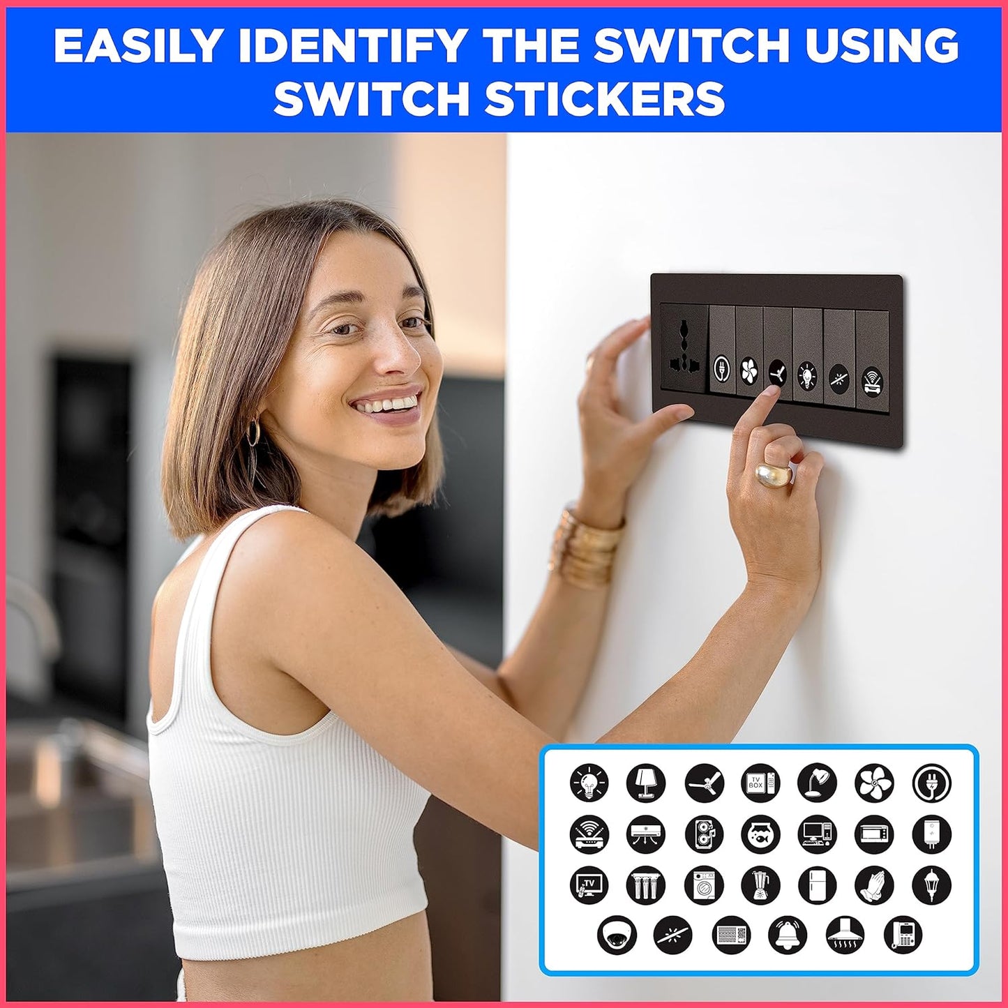 Akshar Arts Bhuwana Switch Board Stickers Black and White | Switch Id Sticker Vinyl Labels 3-A4 Sheets for Electric Board Appliances Including 27 Designs in Total 495 Stickers for Switches, Self Adhesive