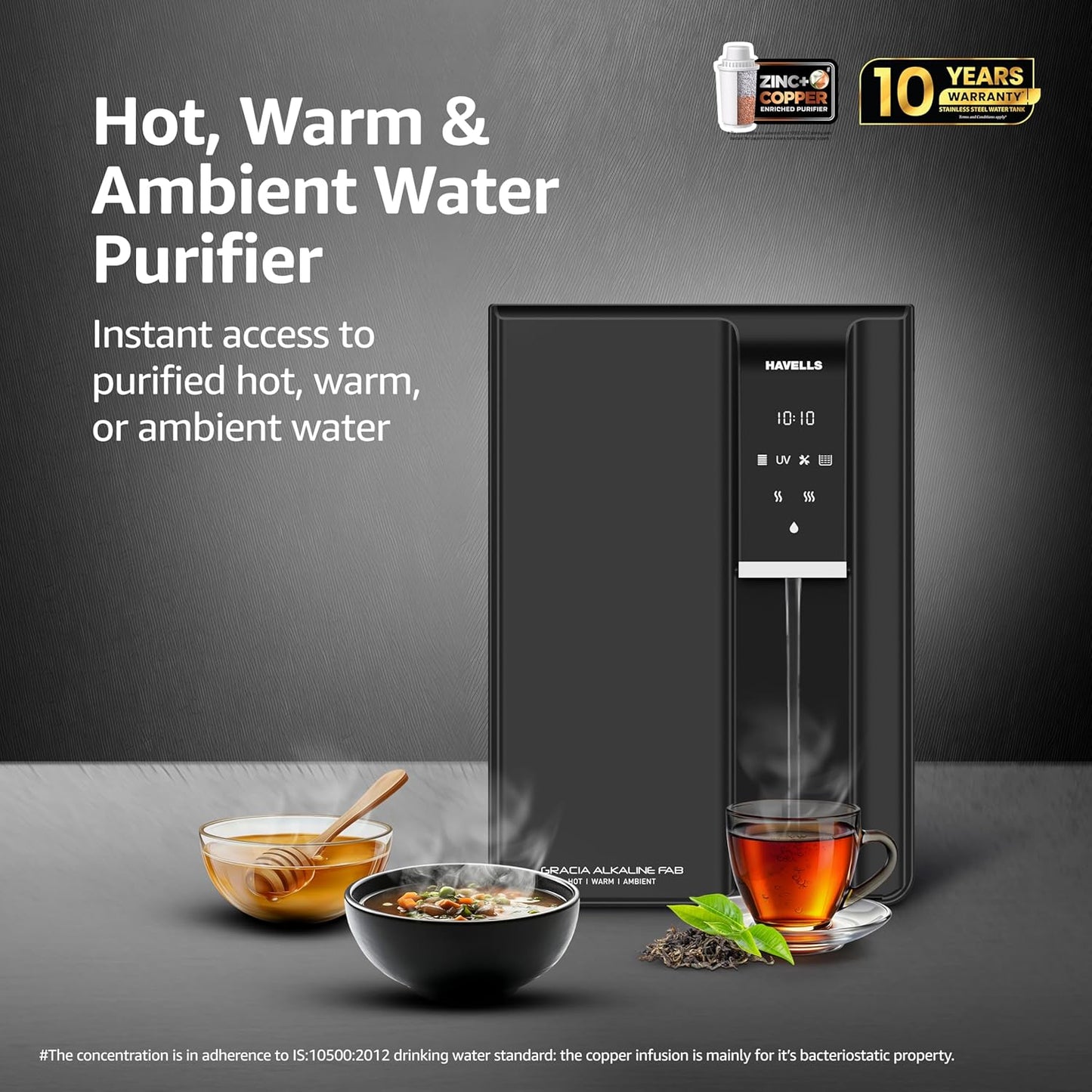Havells Gracia FAB Alkaline Water Purifier (Black), RO+UV+Alkaline, Hot, Warm & Ambient Water, Copper+Zinc+Minerals, 9 Stage Purification, 6.5L SS Tank, Suitable for Borewell, Tanker & Municipal Water