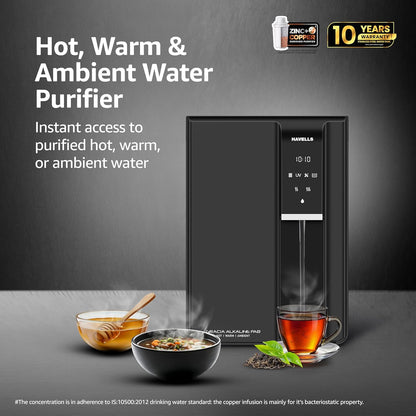 Havells Gracia FAB Alkaline Water Purifier (Black), RO+UV+Alkaline, Hot, Warm & Ambient Water, Copper+Zinc+Minerals, 9 Stage Purification, 6.5L SS Tank, Suitable for Borewell, Tanker & Municipal Water