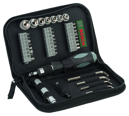 Bosch 38-piece Mixed Screwdriver Set, Cobalt Steel, Compact & Portable, Universal Compatibility, 23 Screwdriver Bits, 7 Nutsetters, Universal Holder, Hex Keys, Ratcheting Driver & Torch