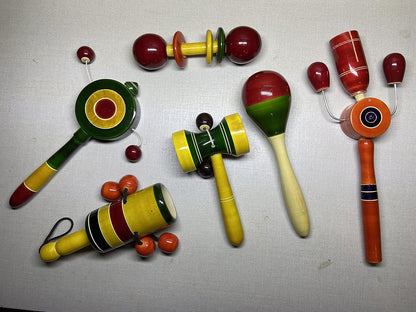 Udaipur HandiCrafts Wooden Baby Rattles Combo Pack Set of 6, Non Toxic Channa Patna Toys - Baby Musical Toys, Teether, Natural Colors, Loud Sound for New Born, Baby, Infants.