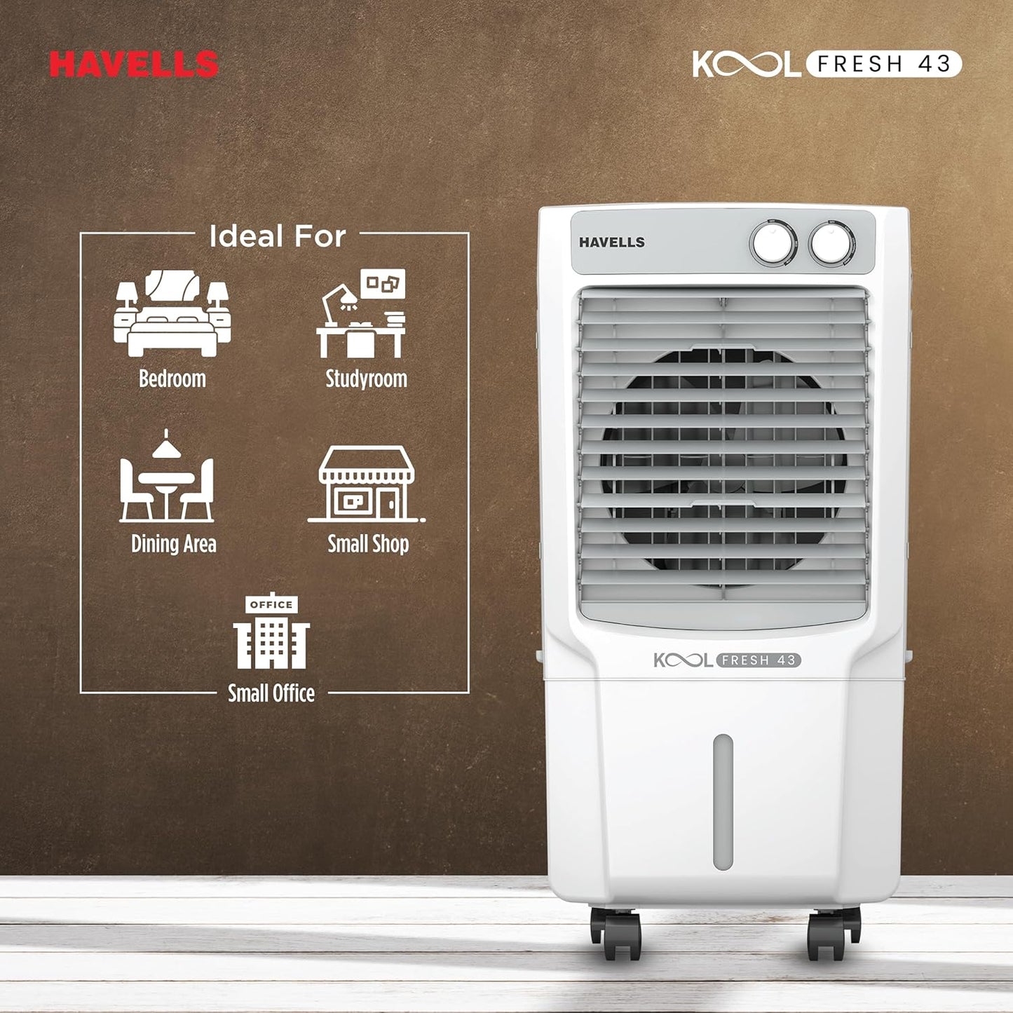 Havells KoolFresh 43 L Personal Air Cooler for Room|Powerful Air-Delivery|Dual Flow Technology|Fan & 3 Side Bacteria Shield Honeycomb Pads|Ice Chamber|Fully Collapsible Louvers|Front Wheel with Brakes