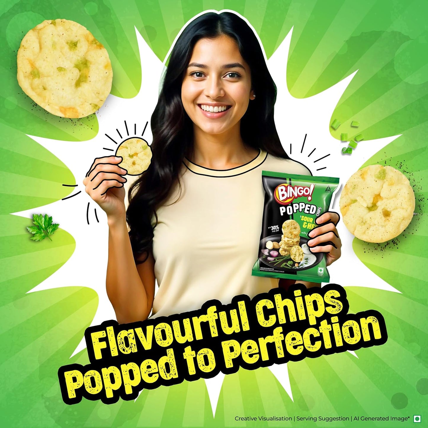 Bingo! Popped Chips – Airy, Crunchy, Zero-Gravity Snacks with 30% Less Fat (Sour Creme Flavour) – Not Fried, Not Baked, Just Popped! – 51.2g/48G(weight may vary)