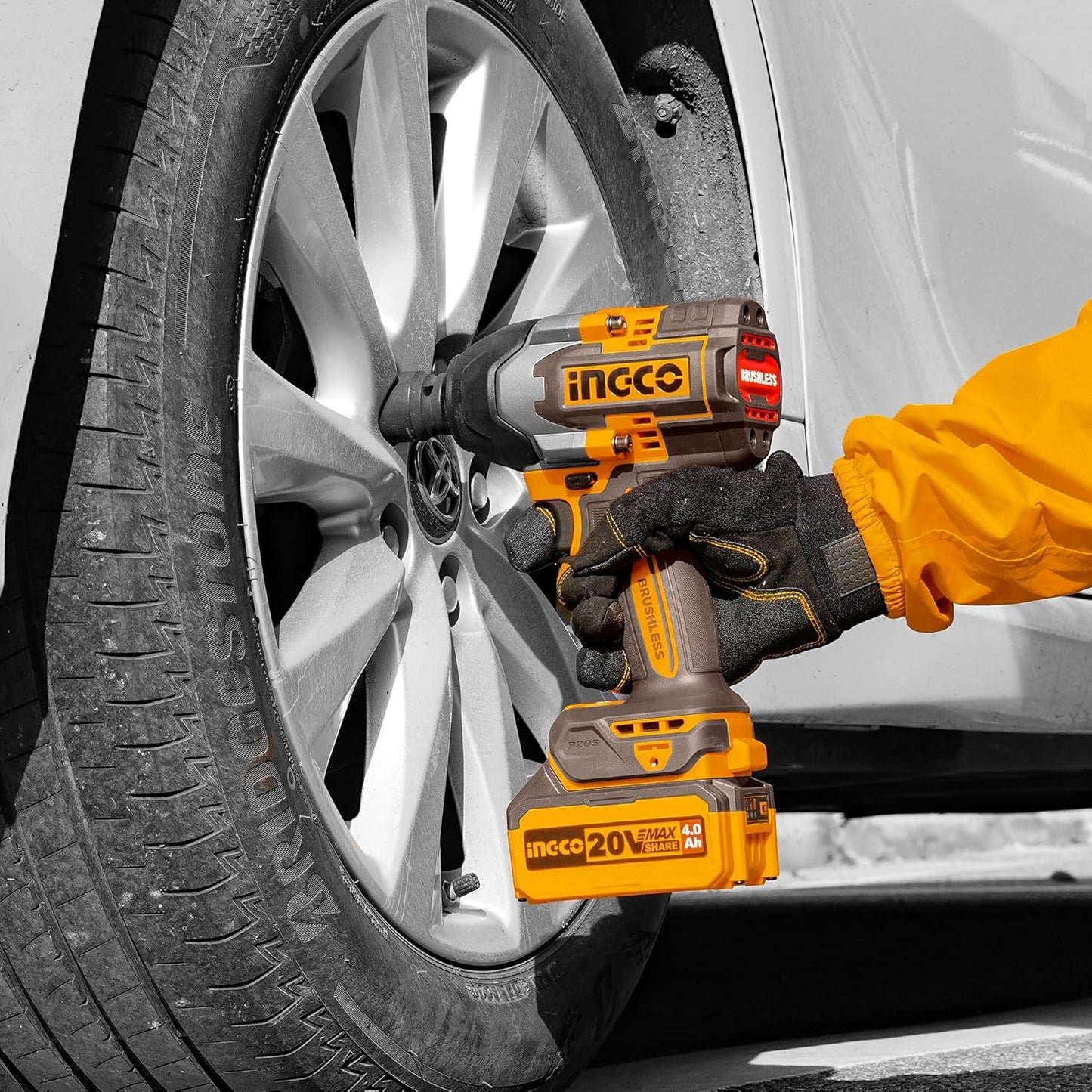 Ingco Cordless Impact Wrench 1/2 Inch, Brushless Motor, Nut-Busting Torque 1000Nm, 20V Battery Impact Gun with 2 PCS 4.0 Ah Battery Packs and Charger