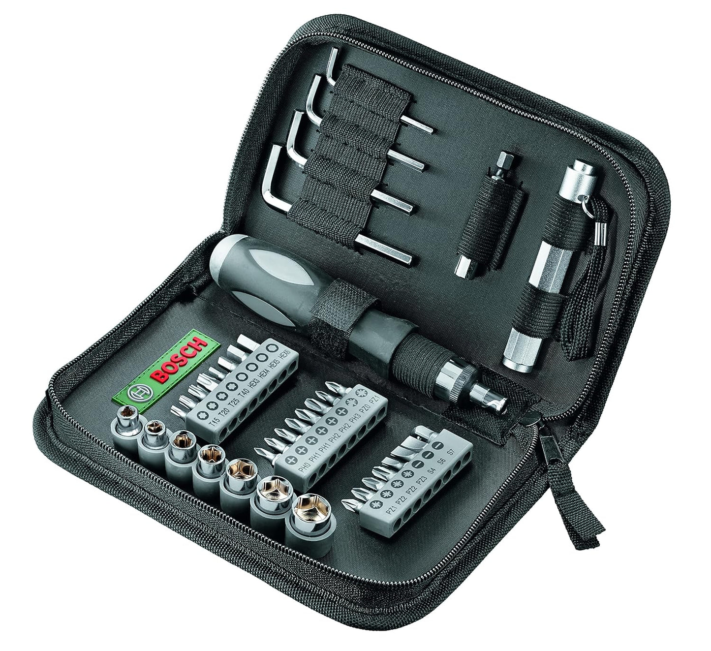 Bosch 38-piece Mixed Screwdriver Set, Cobalt Steel, Compact & Portable, Universal Compatibility, 23 Screwdriver Bits, 7 Nutsetters, Universal Holder, Hex Keys, Ratcheting Driver & Torch