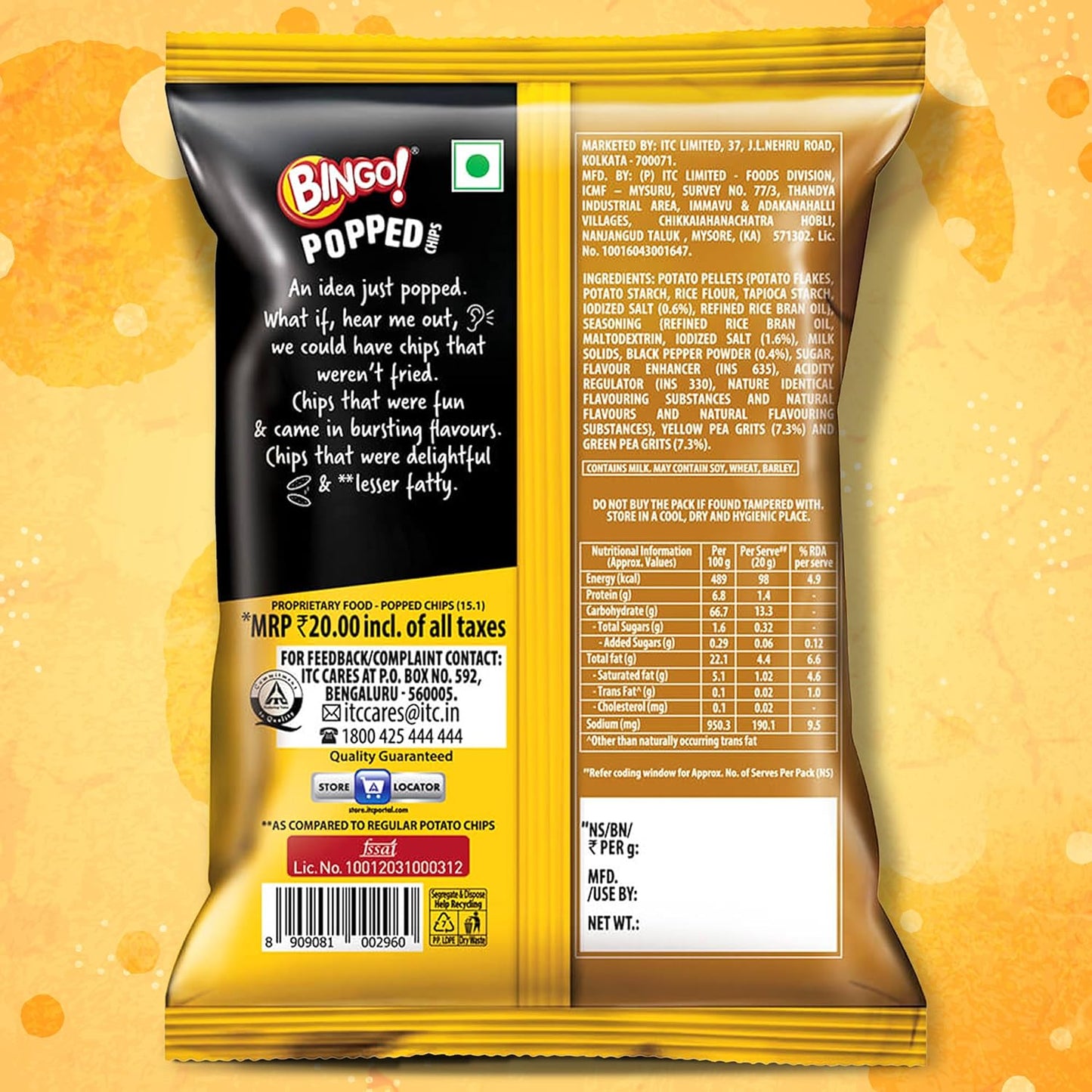 Bingo! Popped Chips - Airy, Crunchy, Zero-Gravity Snacks with 30% Less Fat (Indian Spice Mix Flavour)- Not Fried, Not Baked, Just Popped! - 25g
