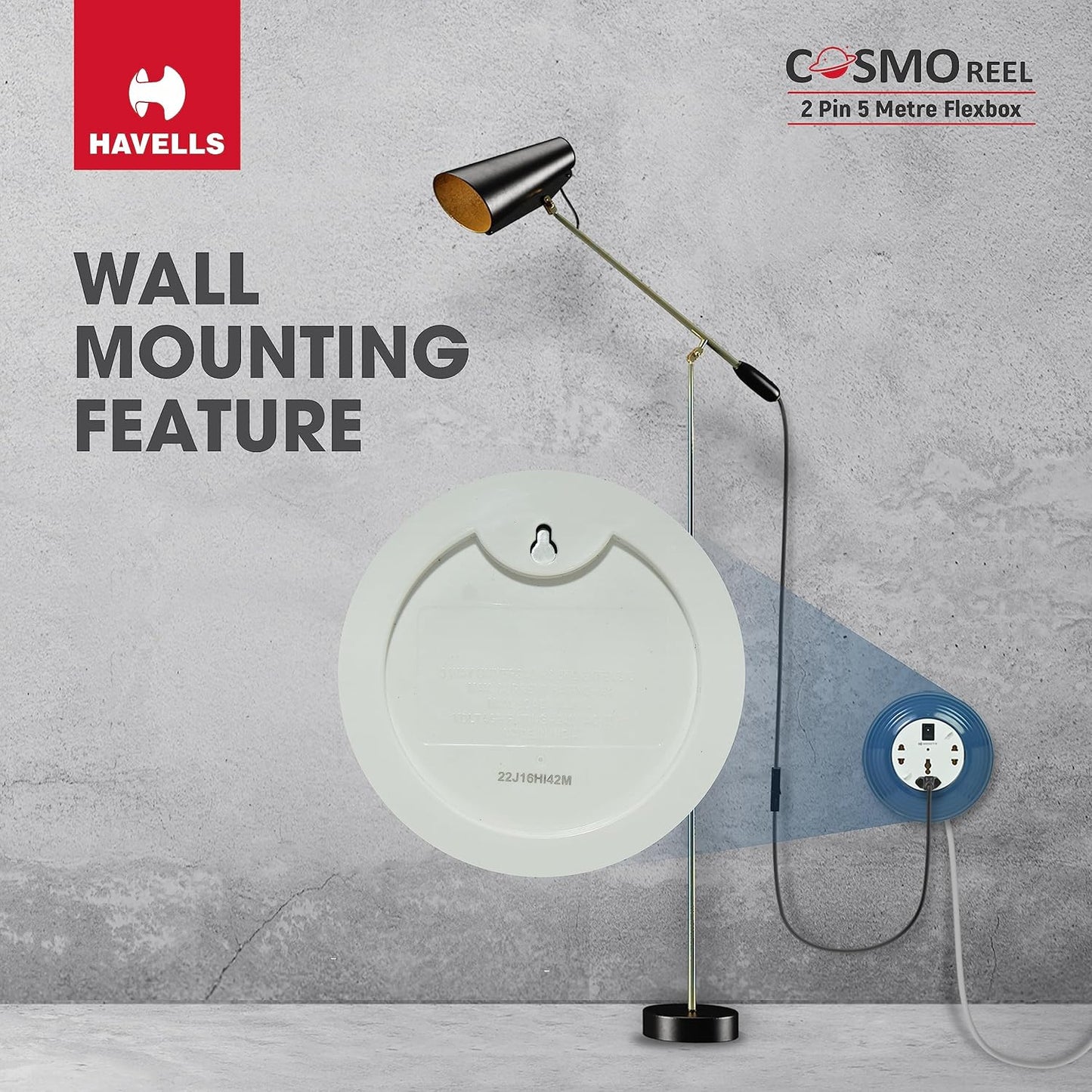 Havells Cosmo Reel| Extension Board - 5 Mtr ISI Marked Cable|3 Pin & 2x2 Pins Universal Sockets with Master Switch| LED Indicator| 6A,1440 Watts, 240 Volts| Ultra-Smooth Rotation, Blue