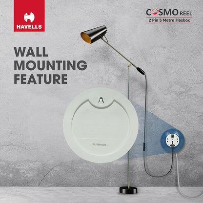 Havells Cosmo Reel| Extension Board - 5 Mtr ISI Marked Cable|3 Pin & 2x2 Pins Universal Sockets with Master Switch| LED Indicator| 6A,1440 Watts, 240 Volts| Ultra-Smooth Rotation, Blue
