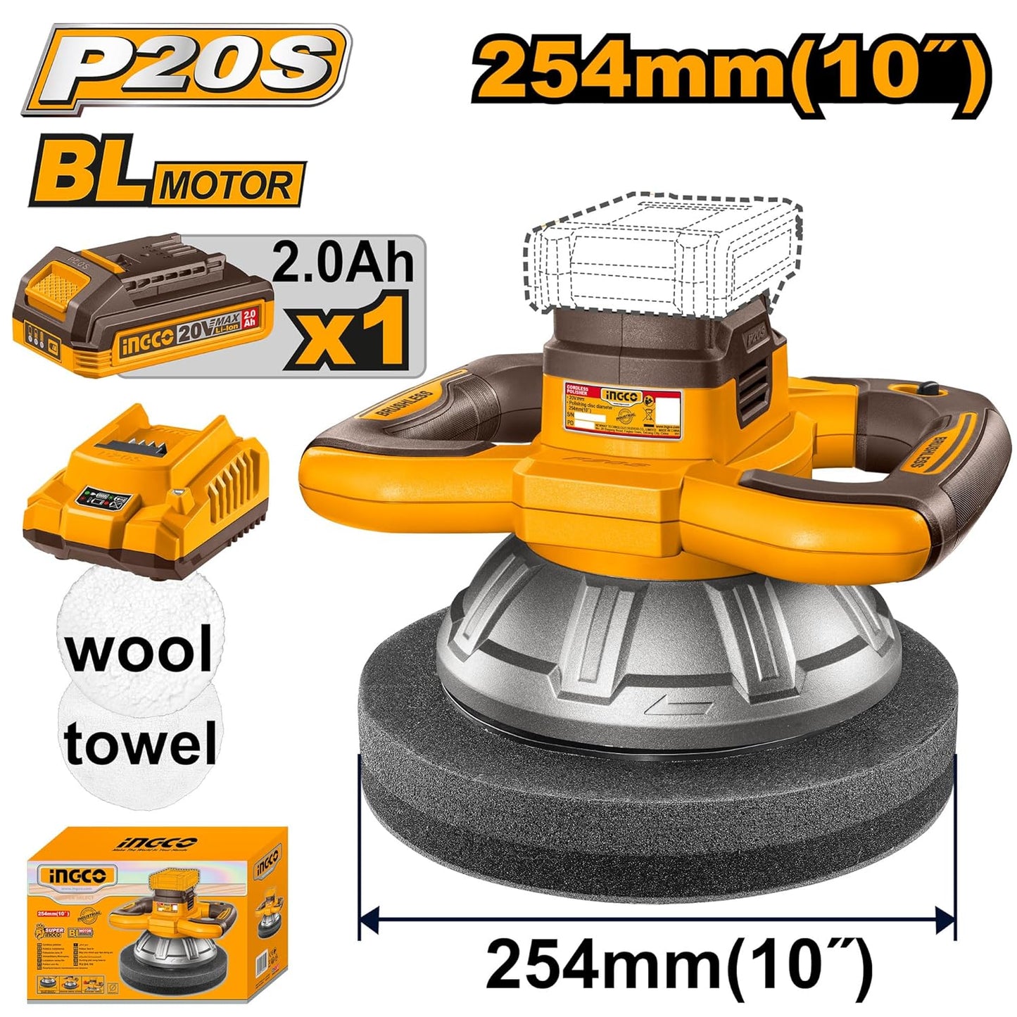 INGCO 20V Cordless Car Polisher And Buffer, Brushless Motor, 2500RPM, 254mm Disc Polisher with 1Pcs 2.0Ah Battery and 1Pcs Charger COPLI2025481