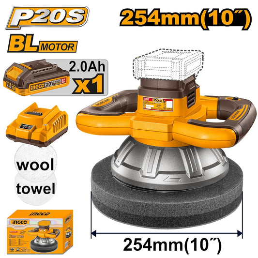 INGCO 20V Cordless Car Polisher And Buffer, Brushless Motor, 2500RPM, 254mm Disc Polisher with 1Pcs 2.0Ah Battery and 1Pcs Charger COPLI2025481