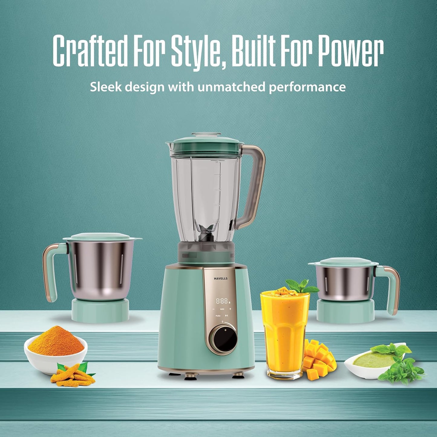 Havells CRAFT Mixer Grinder | One Touch Grinding | Unique Touch Control | Powerful BLDC Motor with 10 Year Warranty | 50% Quieter Performance| Precision Control Over Grinding Texture(Blue & Gold)