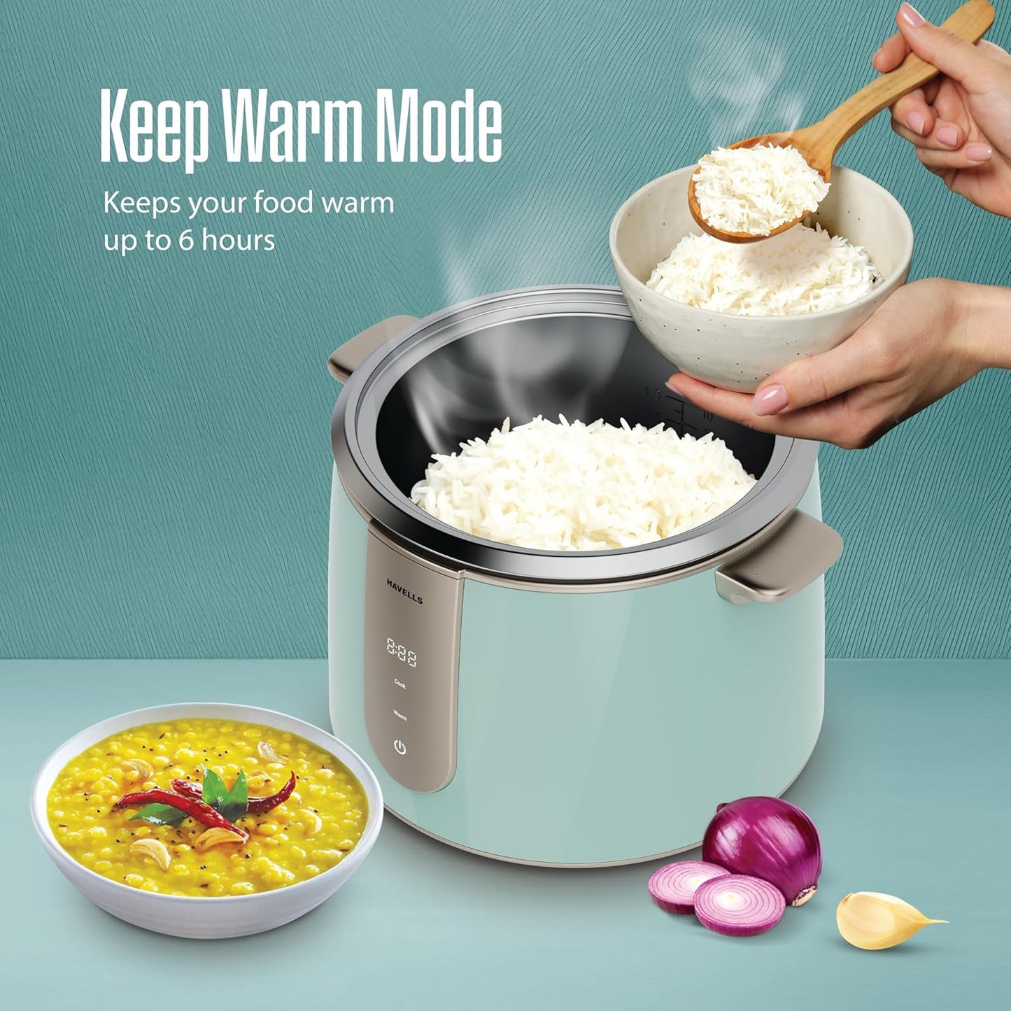 Havells CRAFT Rice Cooker | Live Cooking Timer| Intuitive Touch Control | 6 hour Keep Warm Mode| 1.8 L Capacity | Triple Safety Protection | Food Grade Bowl | Energy Efficient Operation (Blue & Gold)