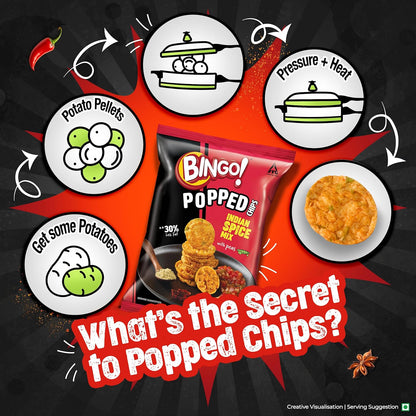 Bingo! Popped Chips - Airy, Crunchy, Zero-Gravity Snacks with 30% Less Fat (Indian Spice Mix Flavour)- Not Fried, Not Baked, Just Popped! - 26.7g/25g(weight May Vary)