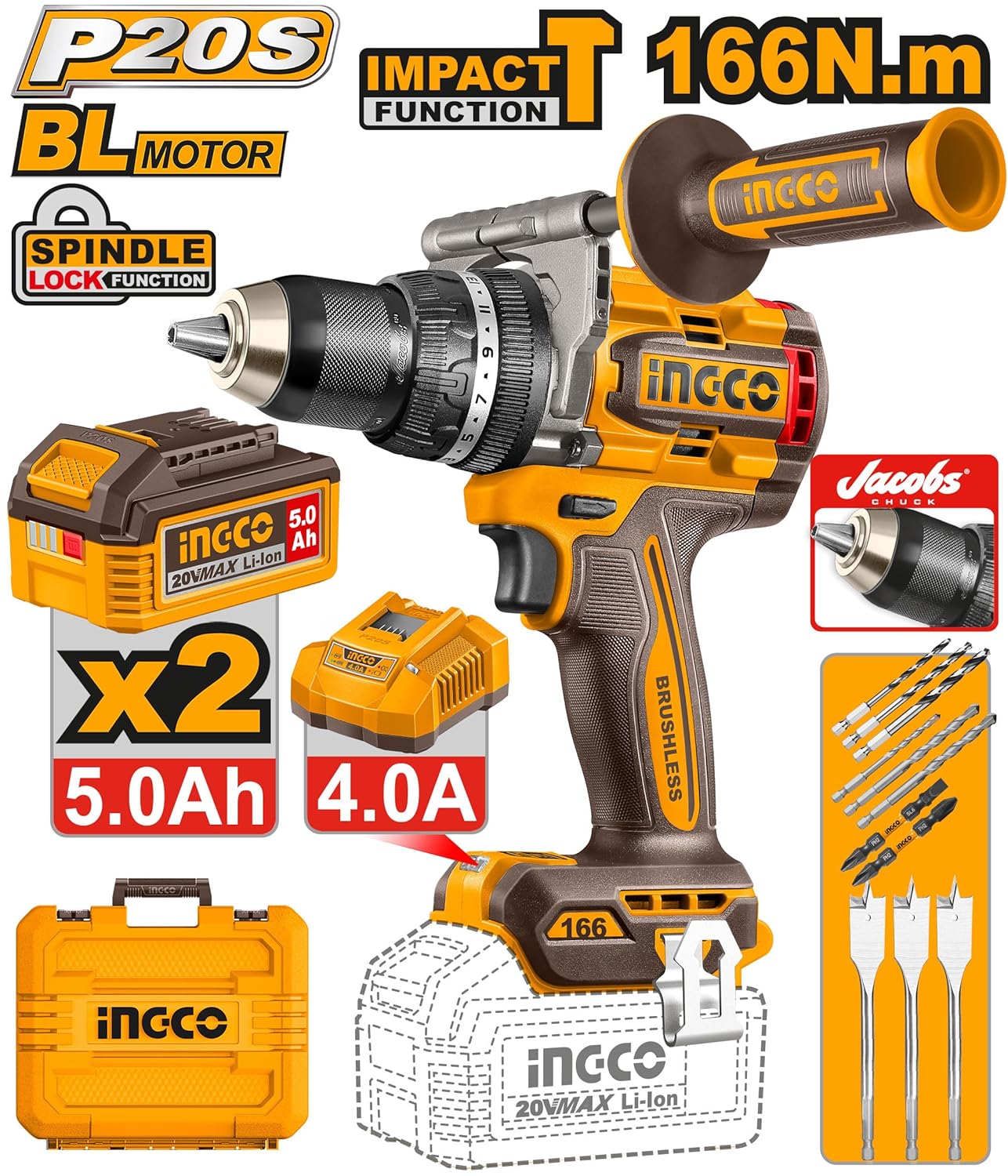 INGCO 20V Cordless Brushless Impact Drill 166NM, Variable Speed 550/2100 RPM, 13mm Chuck, 23+1+1 Settings, LED Work Light, With 2Pcs 5.0Ah Battery And Charger, Packed by Carrying Case CIDLI201668