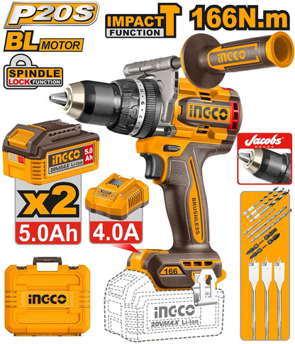 INGCO 20V Cordless Brushless Impact Drill 166NM, Variable Speed 550/2100 RPM, 13mm Chuck, 23+1+1 Settings, LED Work Light, With 2Pcs 5.0Ah Battery And Charger, Packed by Carrying Case CIDLI201668