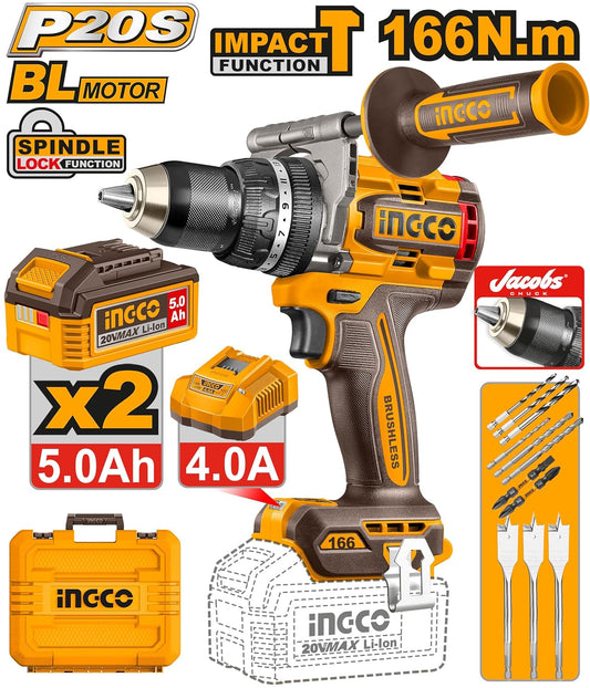 INGCO 20V Cordless Brushless Impact Drill 166NM, Variable Speed 550/2100 RPM, 13mm Chuck, 23+1+1 Settings, LED Work Light, With 2Pcs 5.0Ah Battery And Charger, Packed by Carrying Case CIDLI201668