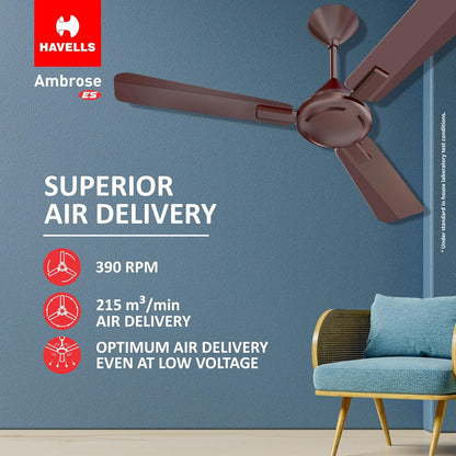 Havells 1200mm Ambrose Energy Saving High Speed Ceiling Fan|Premium Finish, Deco.Fan, Elegant Looks, High Air Delivery, 100% Pure Copper Motor|2 Yr Warranty by Brand | (Pack of 1, Cola Espresso Brown)