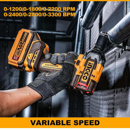 Ingco Brushless Impact Wrench, Nut-Busting Torque 650Nm, 20V Cordless 1/2 Inch Battery Impact Gun, 2200RPM with 2 PCS 4.0 Ah Battery Packs and Fast Charger