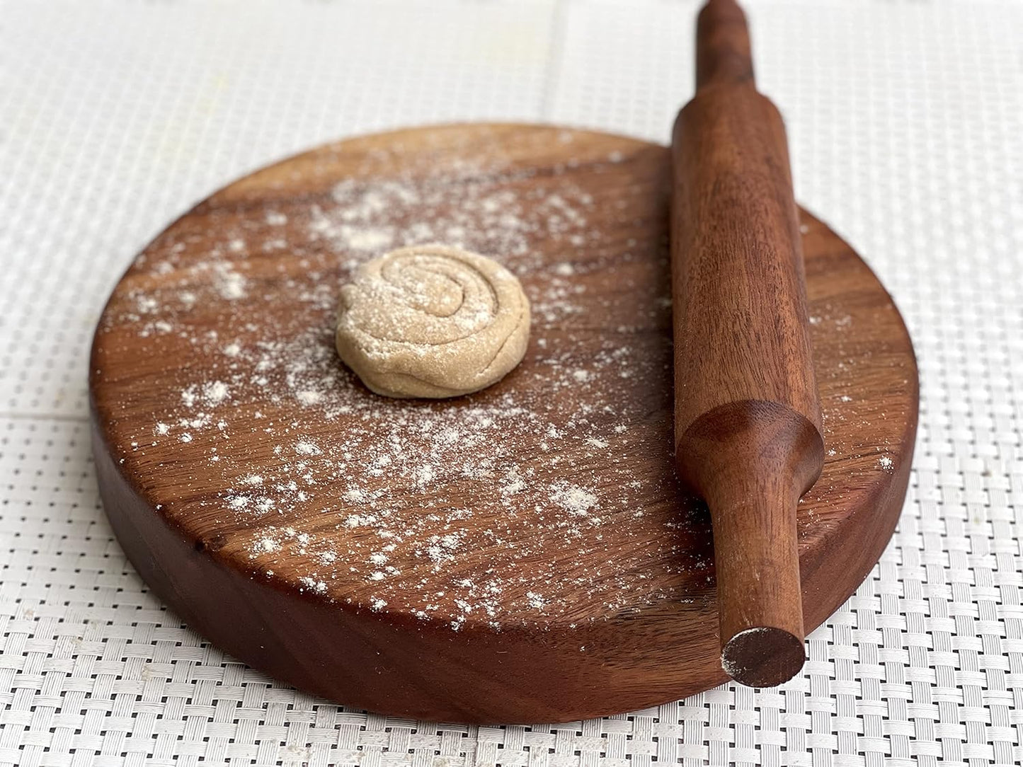 Udaipur Handicrafts Wood Chop | Carved from Single Block of Acacia Wood | Reversible Chakla Belan | Chopping Board | No Dyes or Polish - Natural Finish | 9.5 Inch Diameter 2 Inch Thick