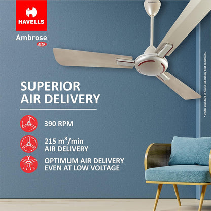 Havells 1200mm Ambrose Energy Saving High Speed Ceiling Fan|Premium Finish, Deco.Fan, Elegant Looks, High Air Delivery, 100% Pure Copper Motor|2 Yr Warranty by Brand | (Pack of 1, Gold Mist Wood)