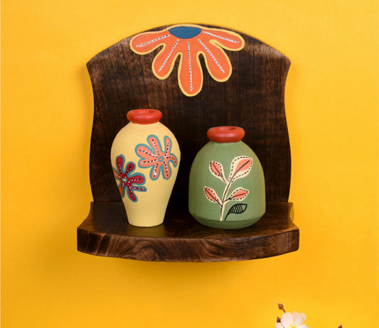 Udaipur Handicrafts Brown Wooden Shelf With Two  Art Pots