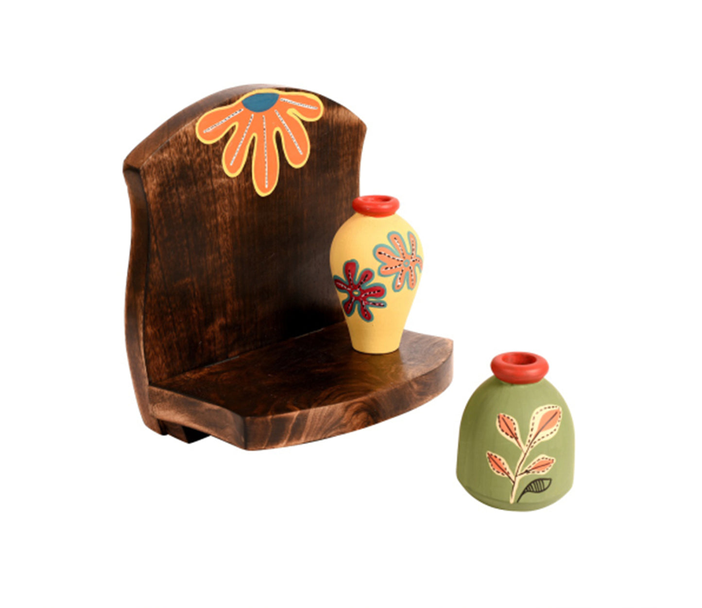 Udaipur Handicrafts Brown Wooden Shelf With Two  Art Pots