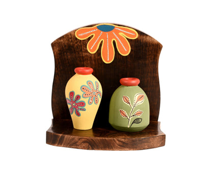 Udaipur Handicrafts Brown Wooden Shelf With Two  Art Pots