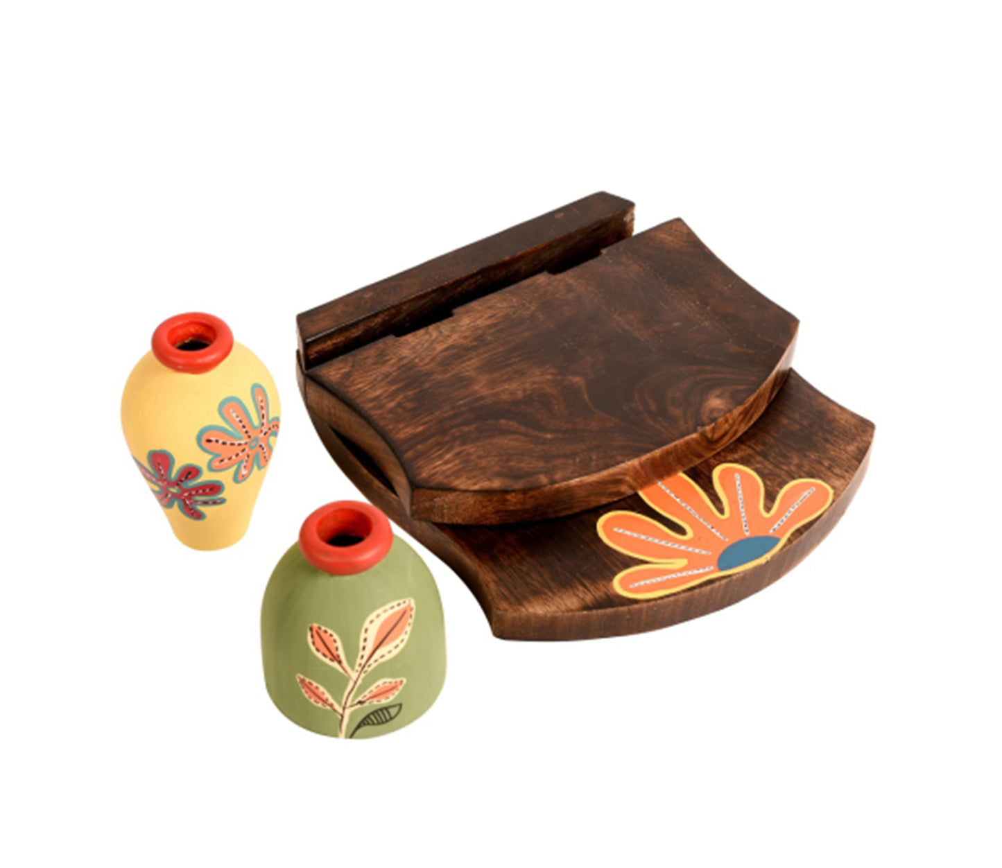 Udaipur Handicrafts Brown Wooden Shelf With Two  Art Pots