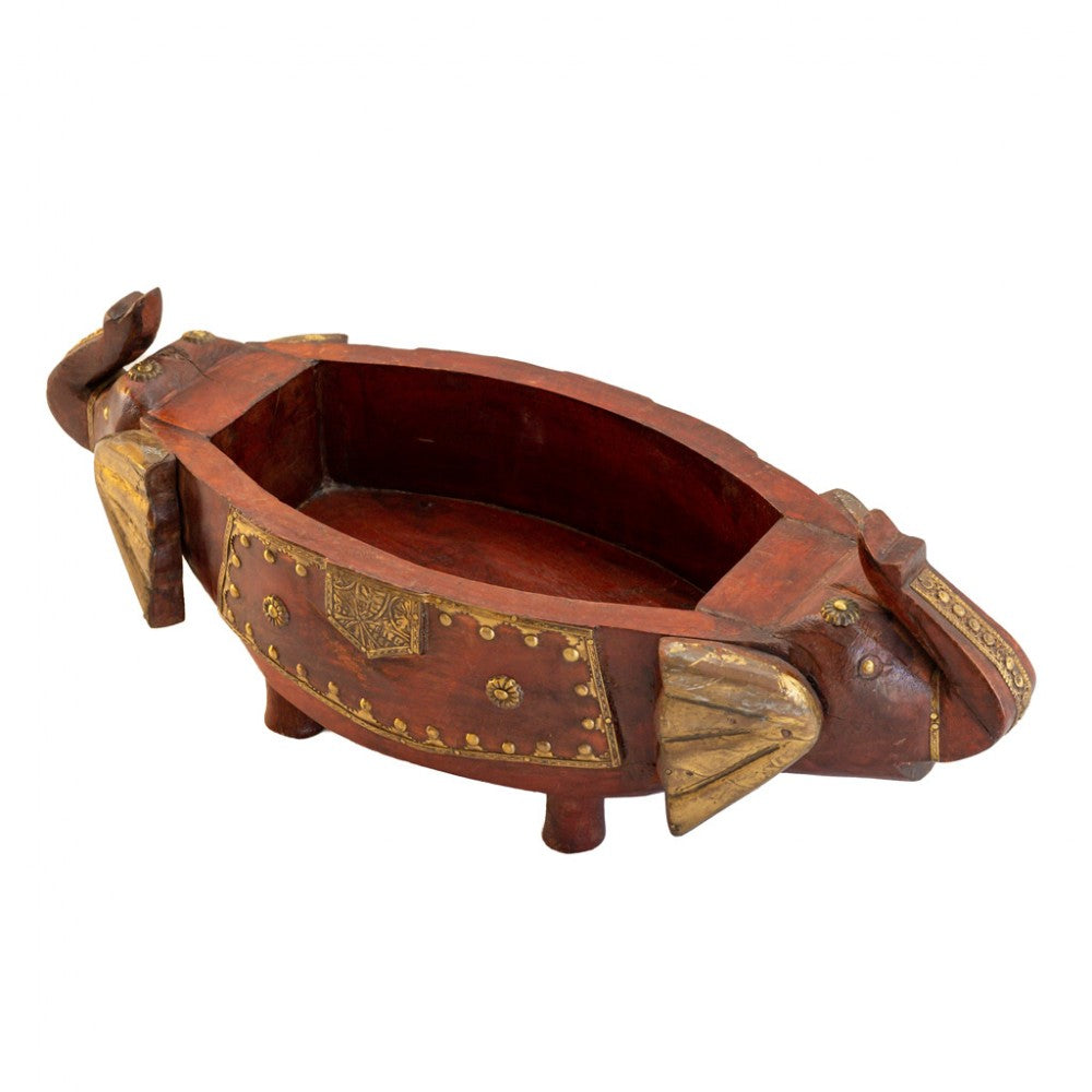 Two Elephant Head Fruit Bowl - Embossed Brass Art on reddish-brown Polish