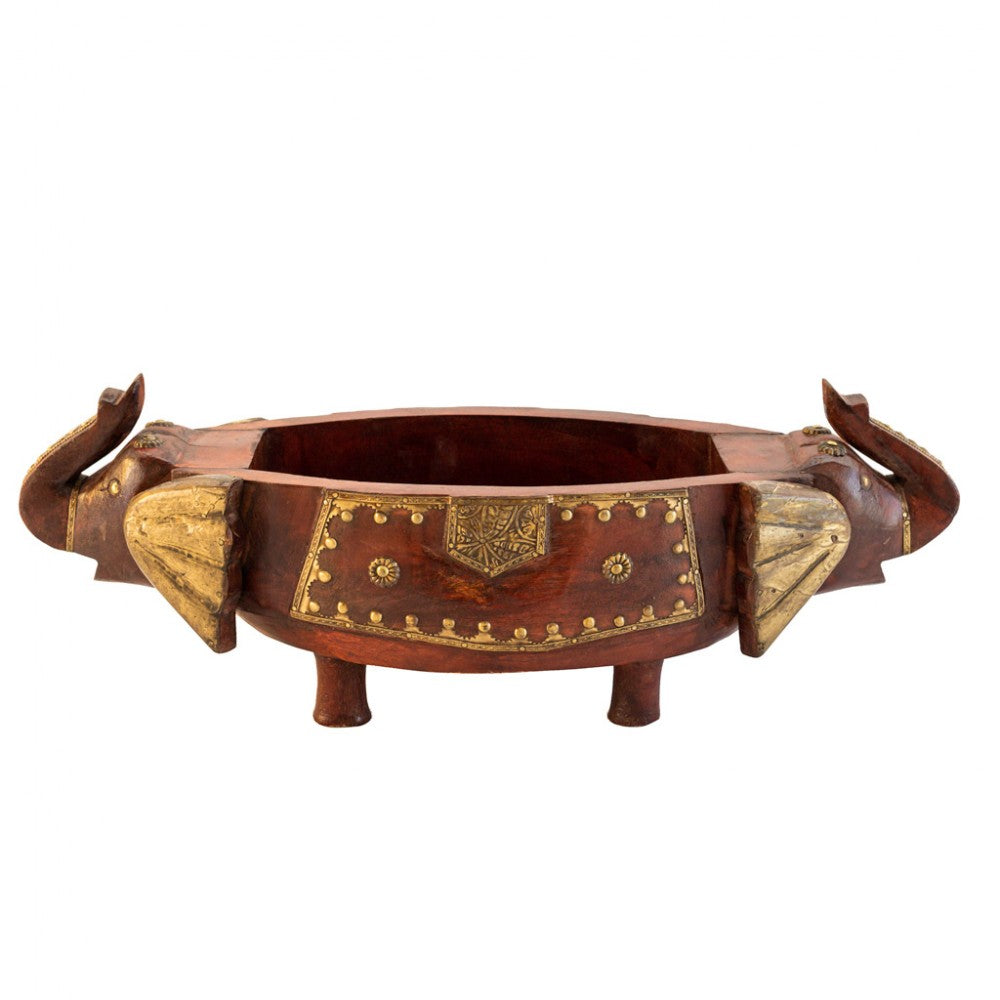 Two Elephant Head Fruit Bowl - Embossed Brass Art on reddish-brown Polish