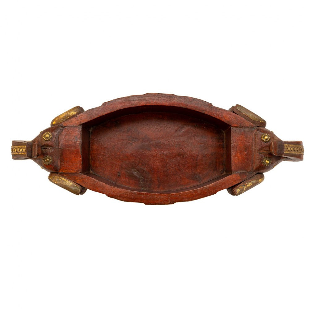 Two Elephant Head Fruit Bowl - Embossed Brass Art on reddish-brown Polish
