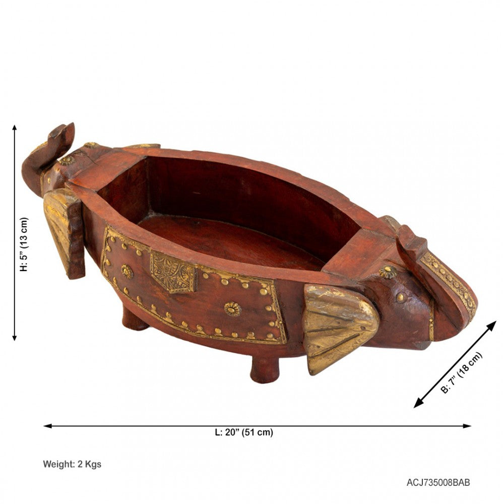 Two Elephant Head Fruit Bowl - Embossed Brass Art on reddish-brown Polish