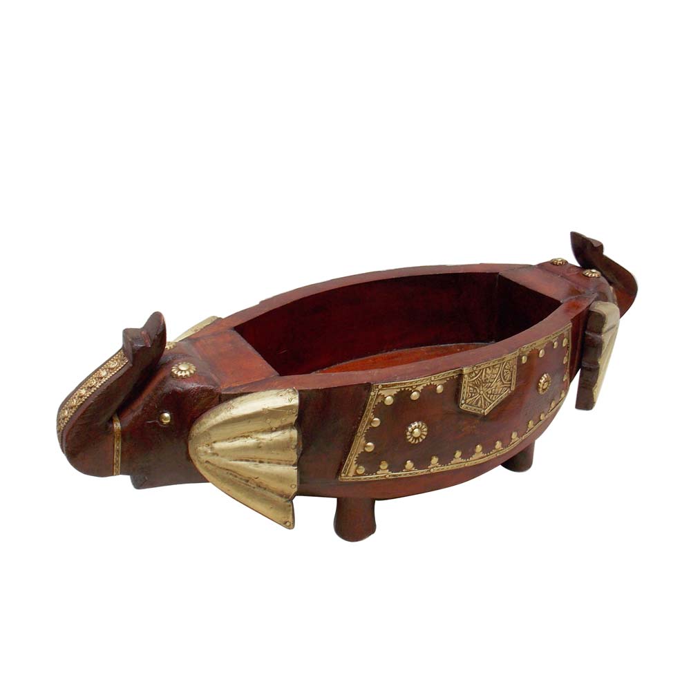 Two Elephant Head Fruit Bowl - Embossed Brass Art on reddish-brown Polish