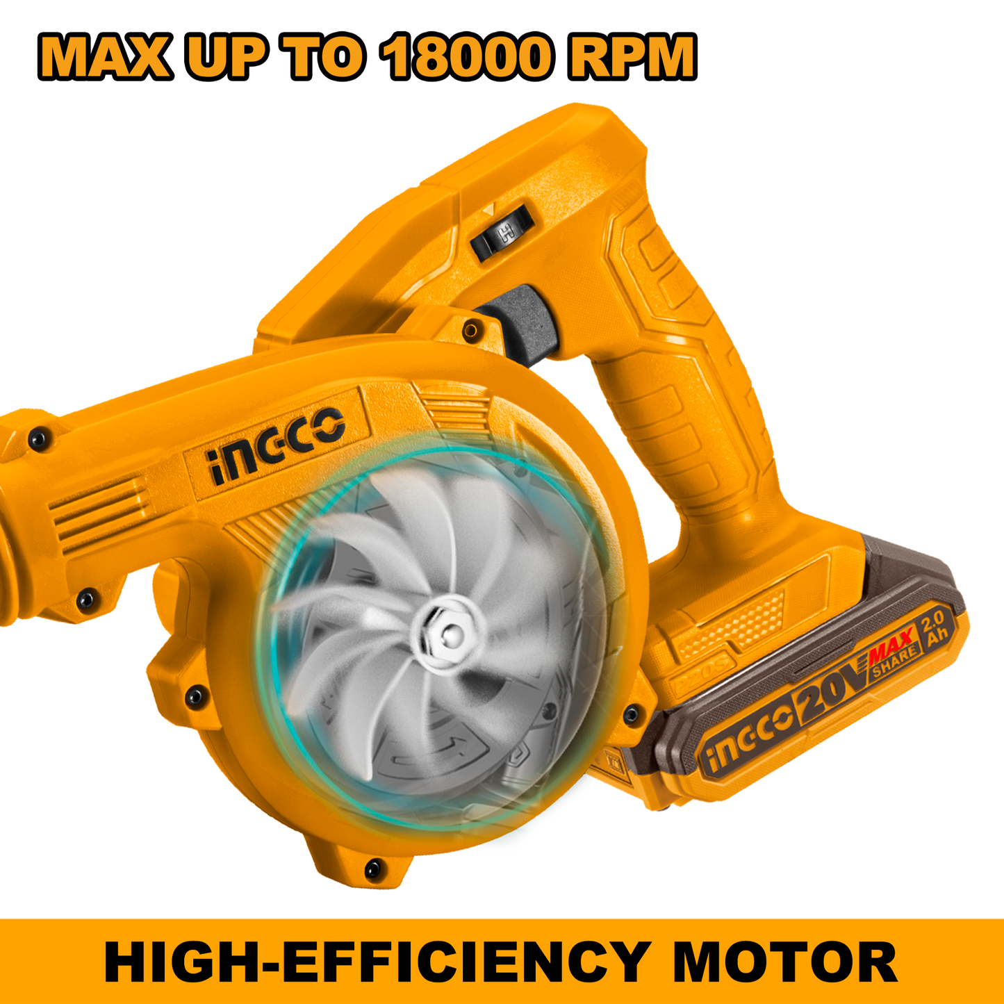 INGCO Cordless Blower, Variable Speed, 0-9000/0-18000 RPM, With Battery & Charger  CABLI200181