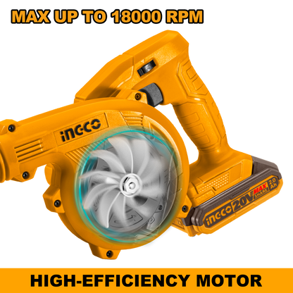 INGCO Cordless Blower, Variable Speed, 0-9000/0-18000 RPM, With Battery & Charger  CABLI200181