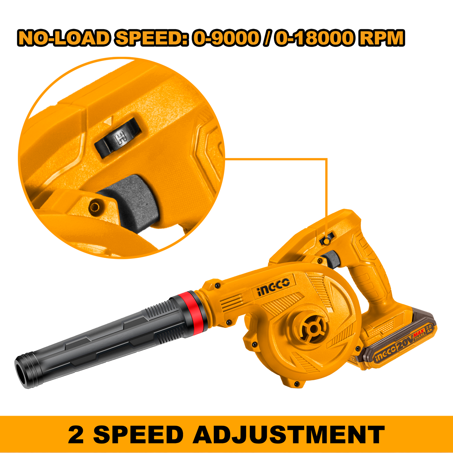 INGCO Cordless Blower, Variable Speed, 0-9000/0-18000 RPM, With Battery & Charger  CABLI200181