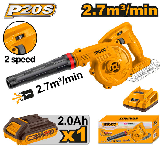 INGCO Cordless Blower, Variable Speed, 0-9000/0-18000 RPM, With Battery & Charger  CABLI200181