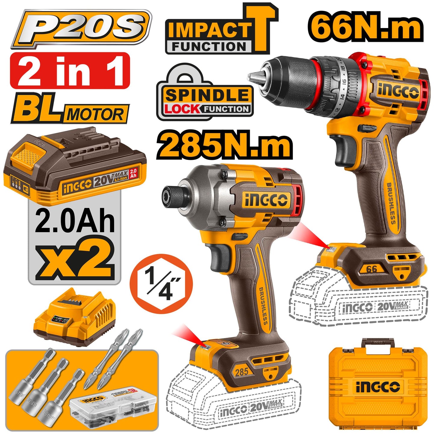 INGCO Cordless 2 pcs combo kit CKLI20277