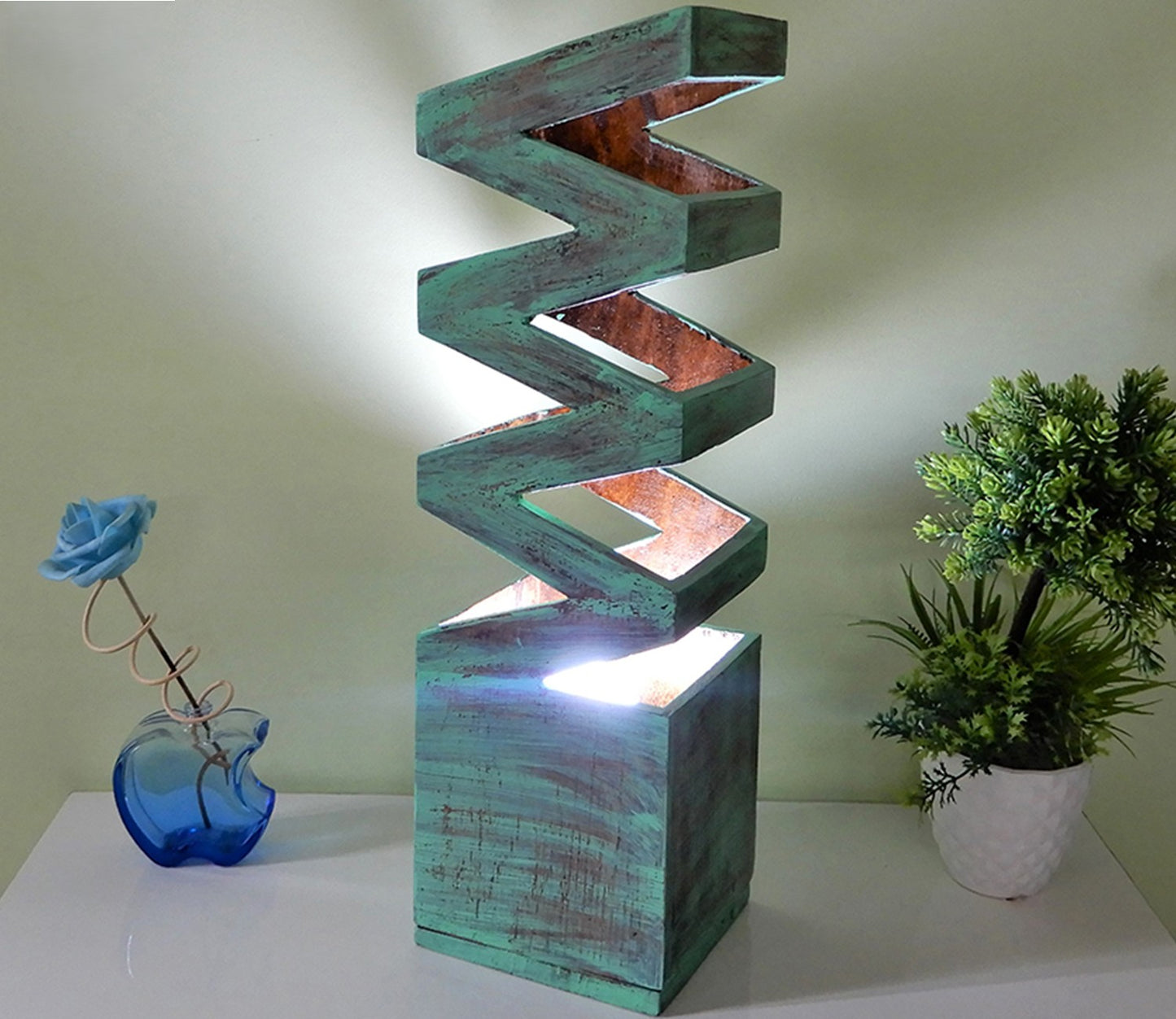 Udaipur Handicrafts Mint Green Distress Finish Wooden Zig Zag Table Lamp